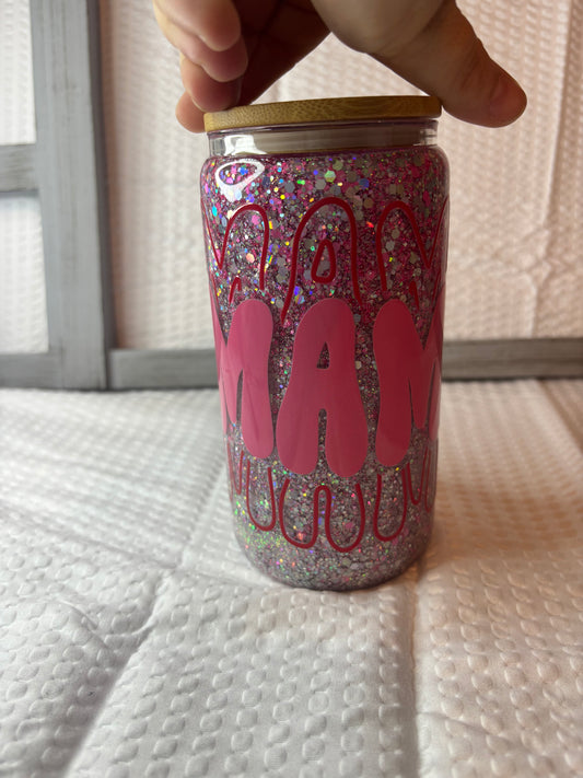 Glass w/ Bamboo lid Glitter Cup